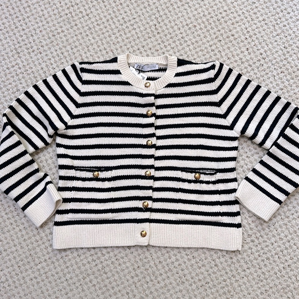 NWT Zara Navy/Ecru Striped Knit Cardigan Sz Small